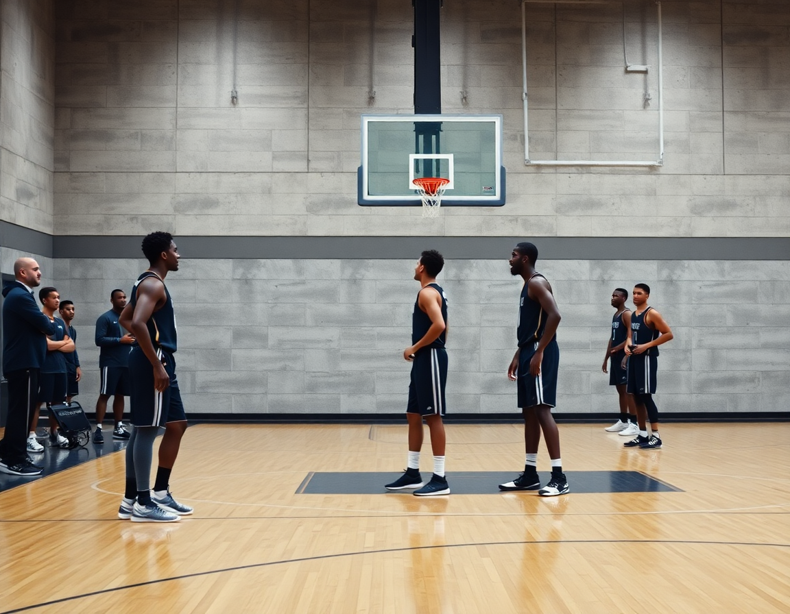 Vue dynamique d’un joueur exécutant l’exercice basket remise en jeu en basketball, coach observe depuis la ligne.