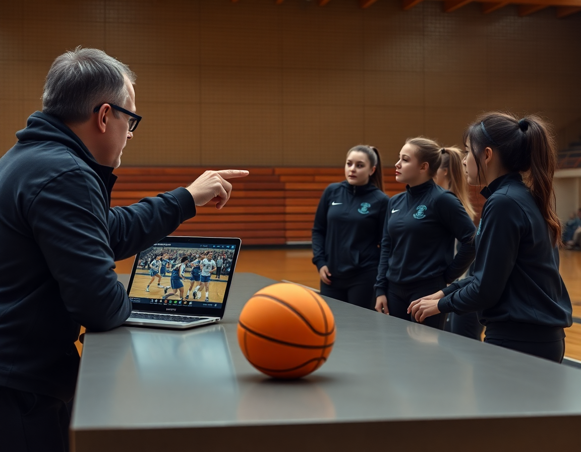 Plan de scouting montrant exercice basket senior fille et analyse des rivaux sur grand écran.
