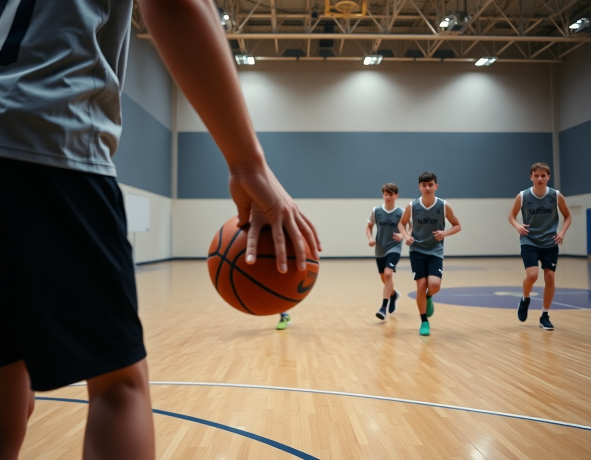 Plan serré sur les mains montrant exercice basket u13 dribble dans un gymnase.