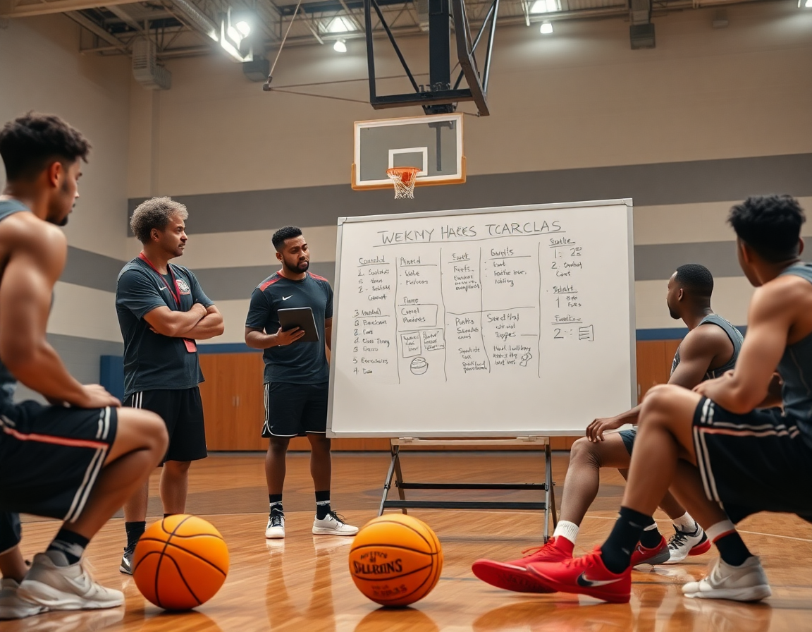 Planification visuelle de la semaine d'entraînement U13, coach et joueurs discutant le programme sur un tableau blanc.