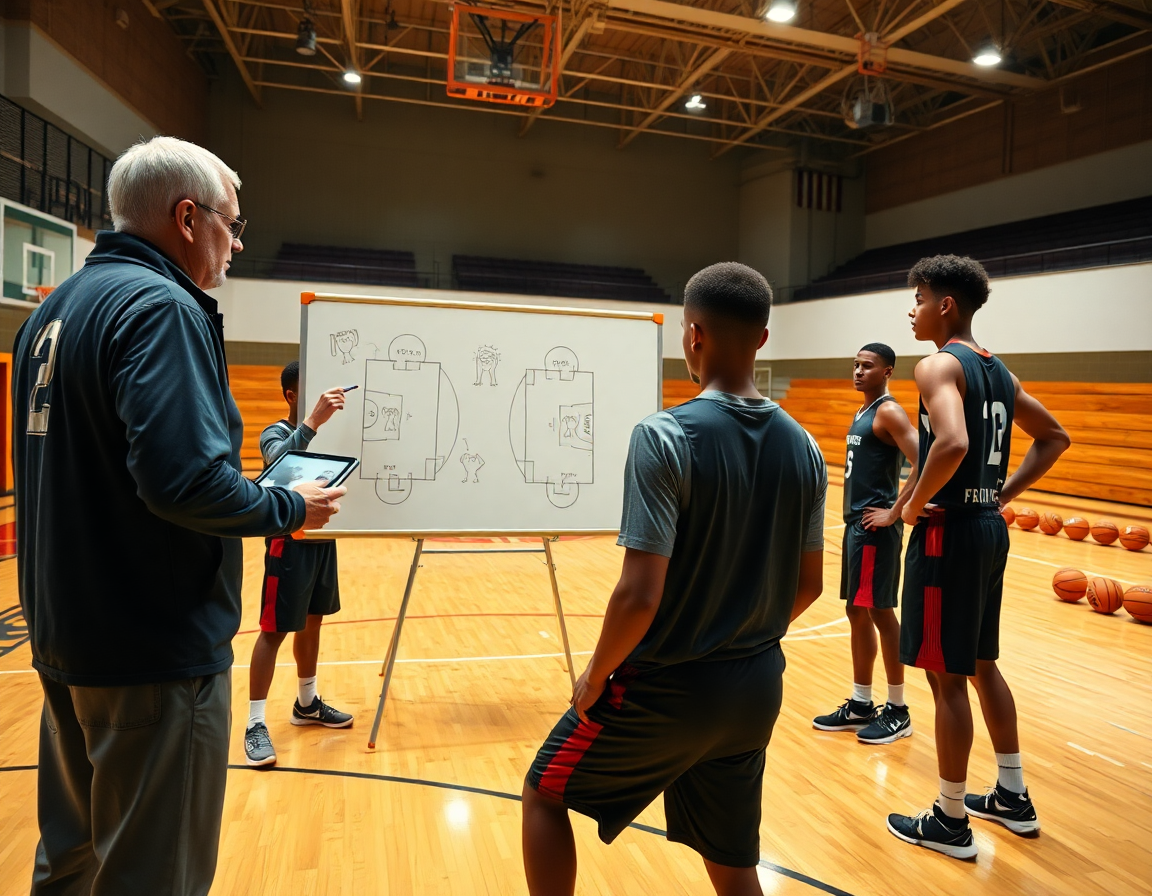 Plan frontal sur l'entraîneur dessinant un exercice basket u13 pdf sur tableau blanc pendant que les joueurs pratiquent.