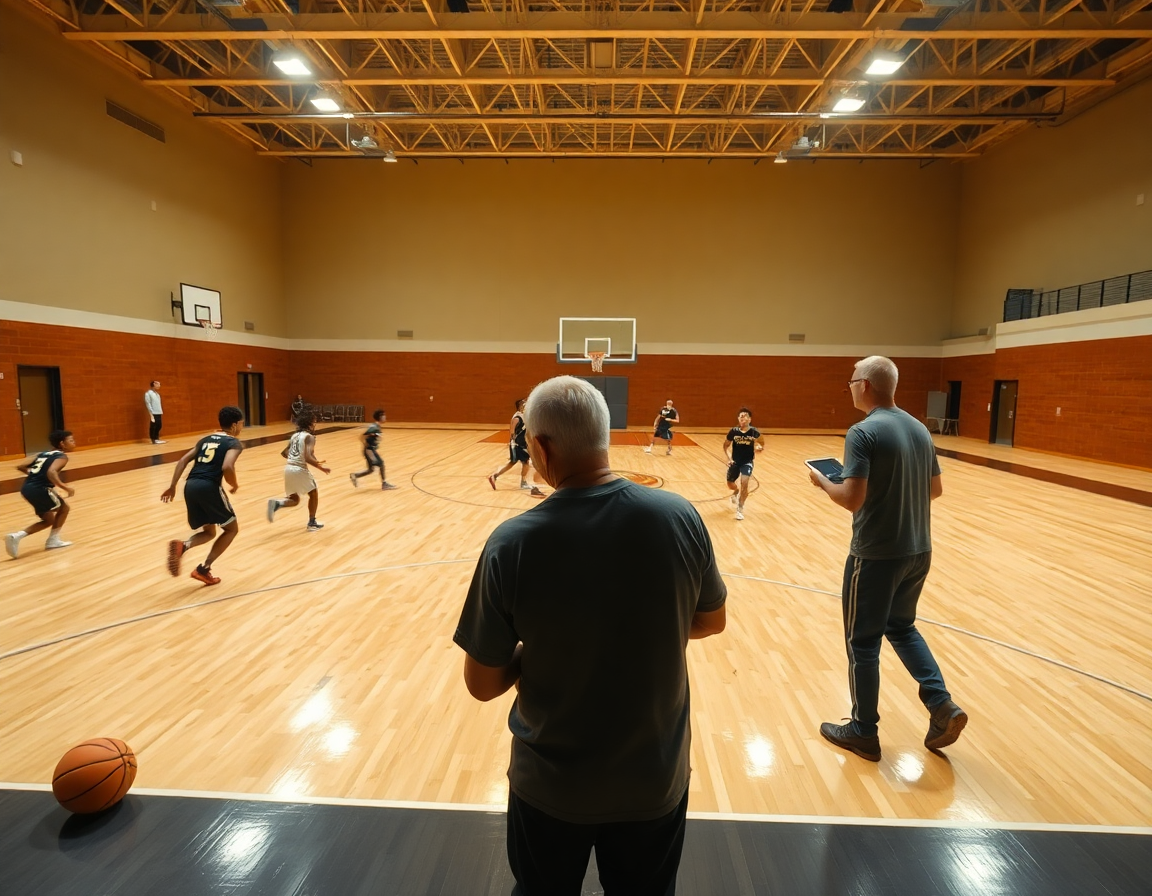 Plan large montrant un drill en court complet, passes et sprints, ballons de basketball orange près du bord.