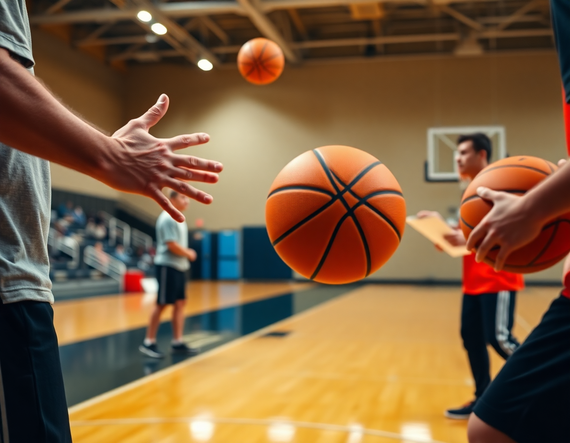Coach montre des gestes à des joueurs pour exercice basket u13 et u15.