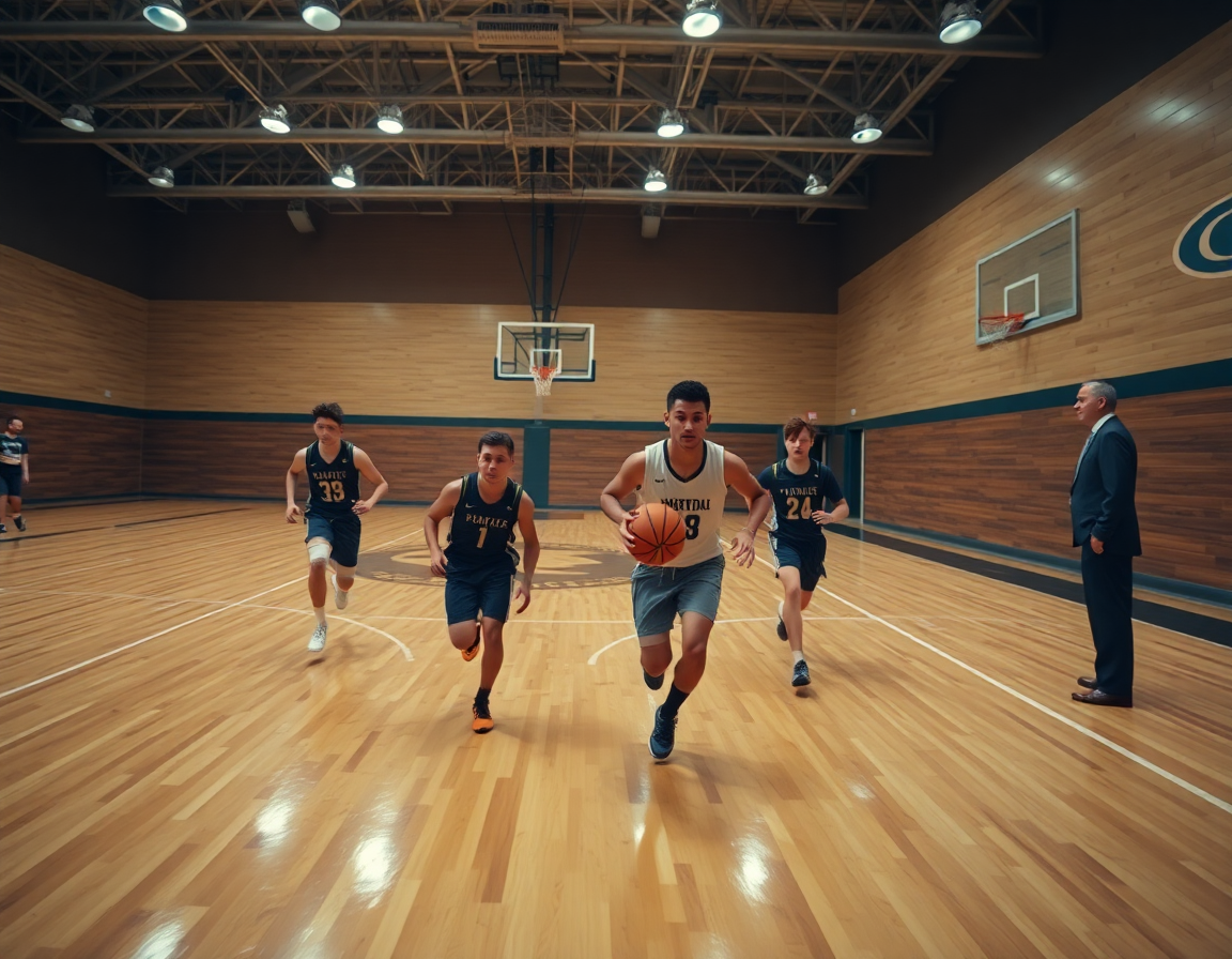 Les joueurs exécutent un exercice basket u13 et u15 en mouvement sur court.