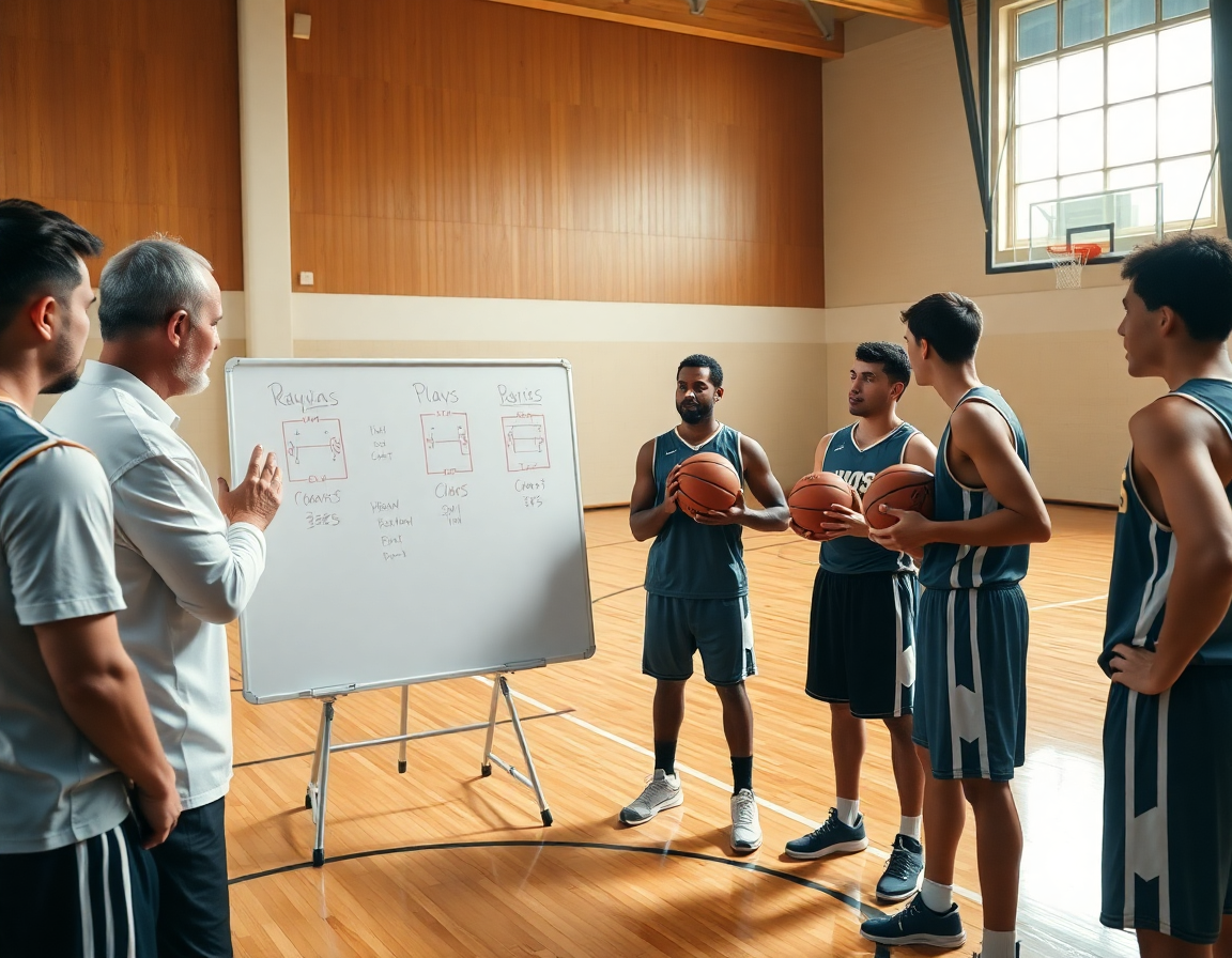Coach explique le jeu sur tableau tactique, exercice basket u13 en formation.