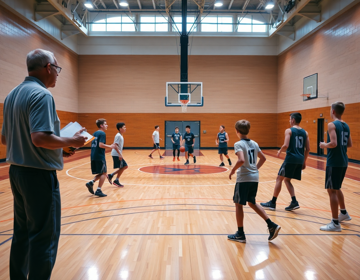 Scène grand angle d'un exercice basket u13 en plein sprint et passes sur court.