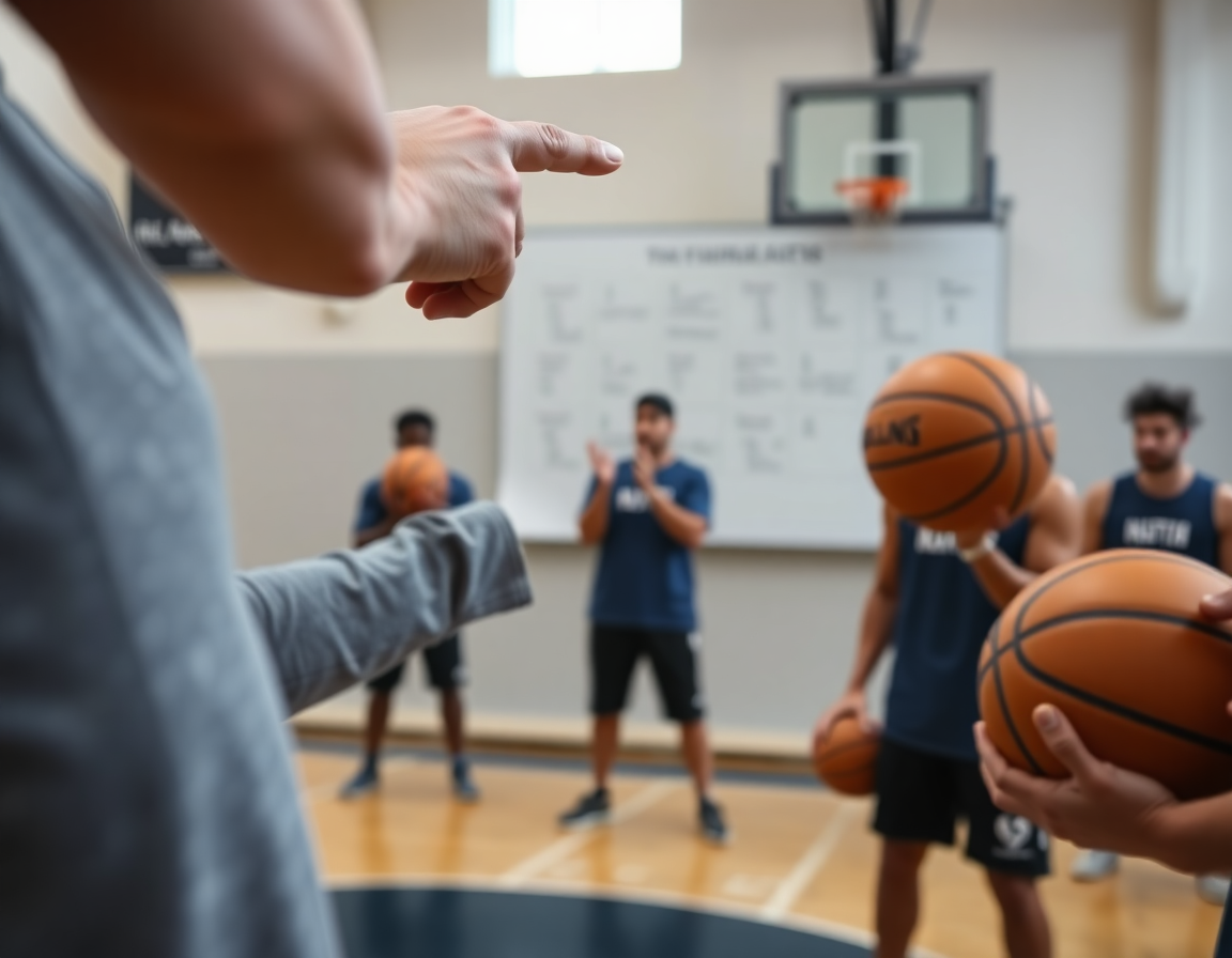 Plan serré sur l'entraîneur présentant un plan d'exercice basket U15 devant les joueurs.
