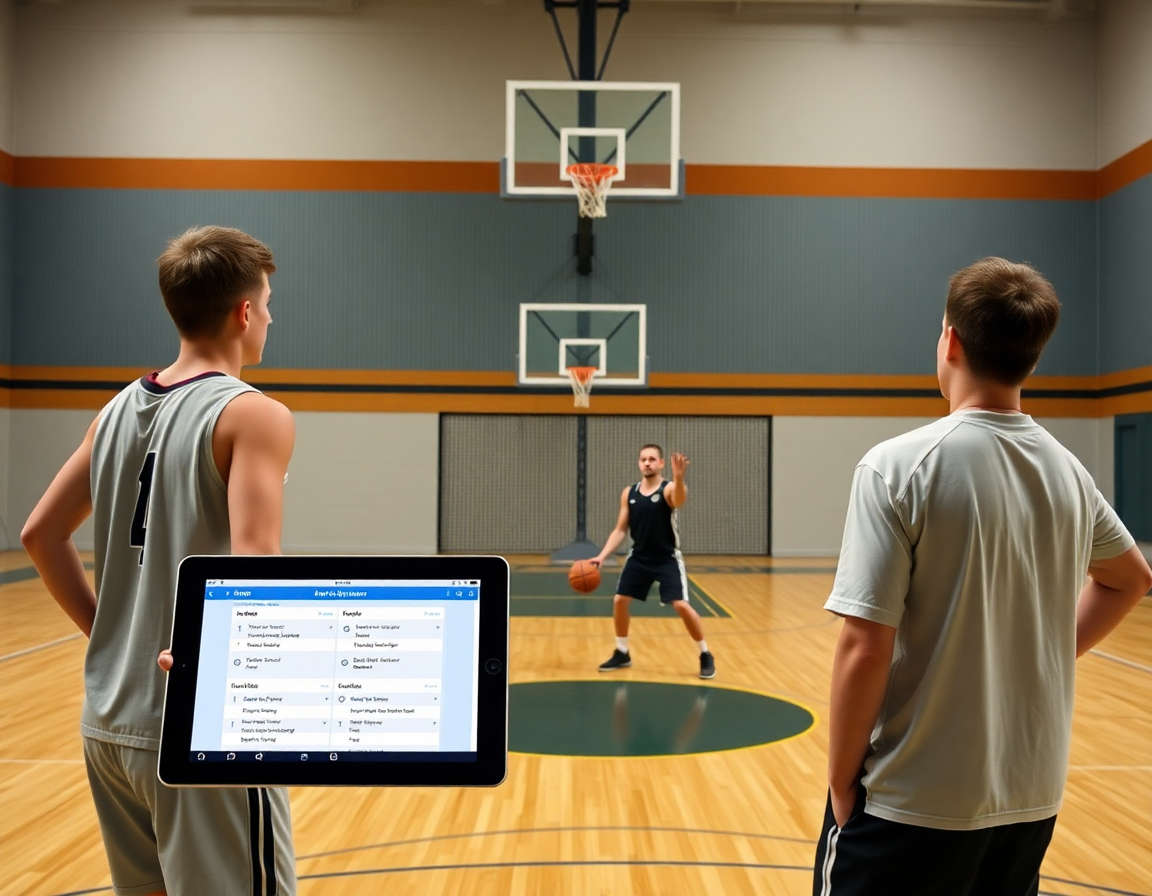 Deux joueurs exécutent une passe près de la ligne des trois points pendant l'exercice basket U15, coach regardant.