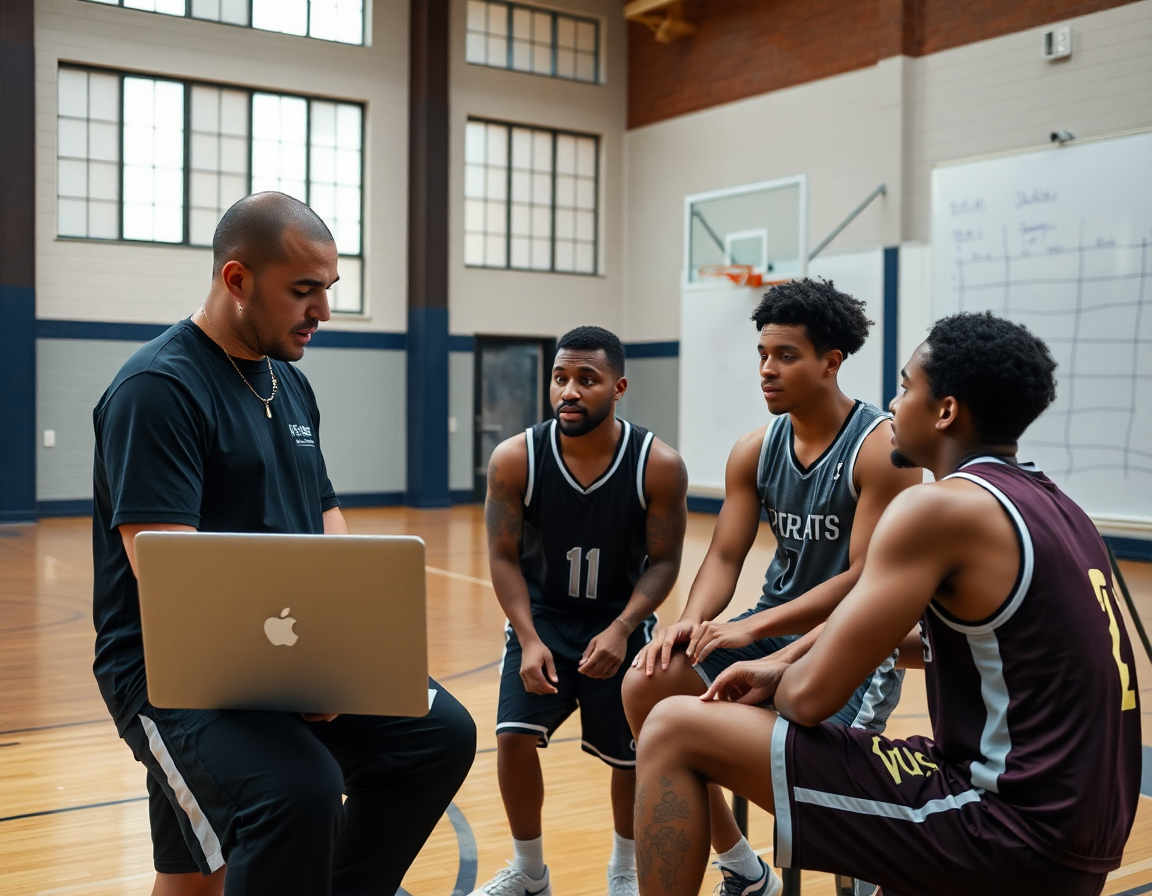 Coach et joueurs révisent des clips d exercice basket U15 sur un ordinateur portable après l entraînement.