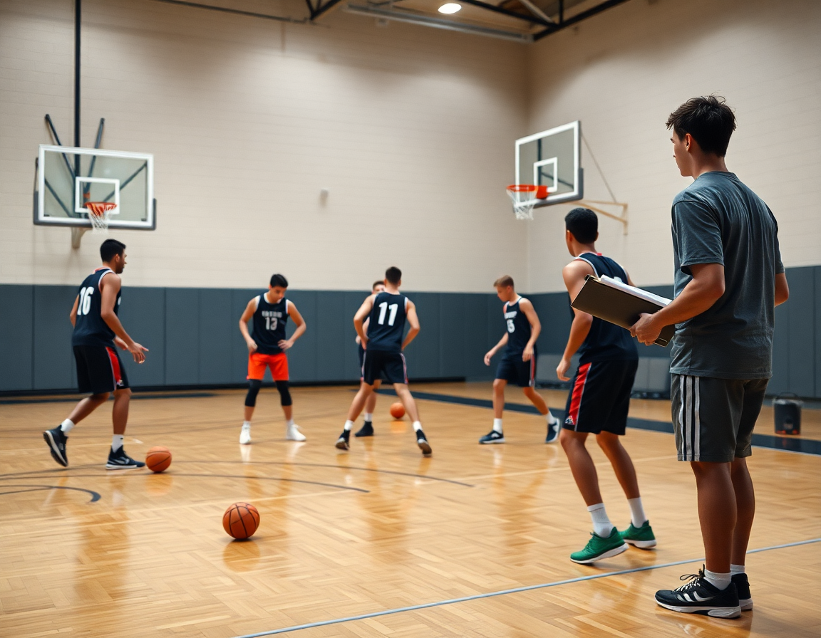 Exercice basket U17: deux équipes s'affrontent sur le court, entraîneur observant discret.