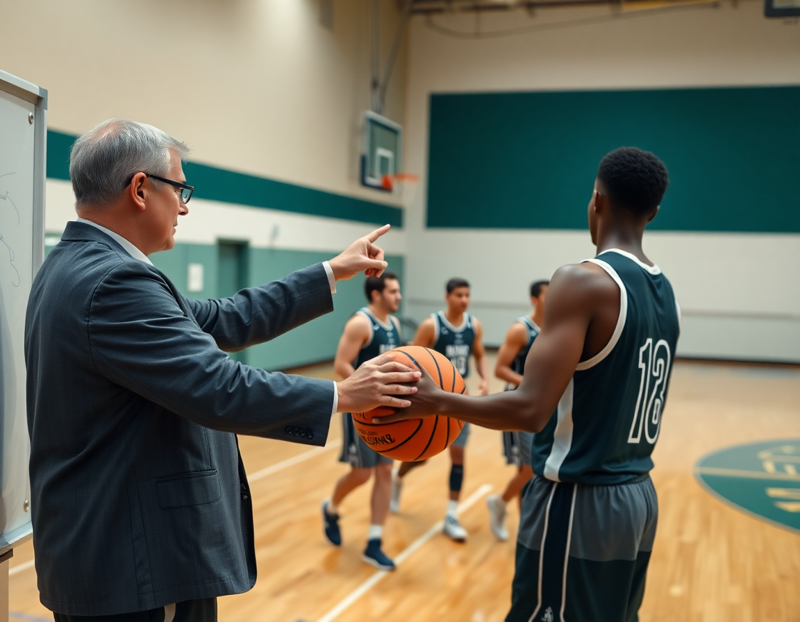 Exercice basketball individuel pdf en action: coach discute, joueurs s'entraînent sur le terrain.