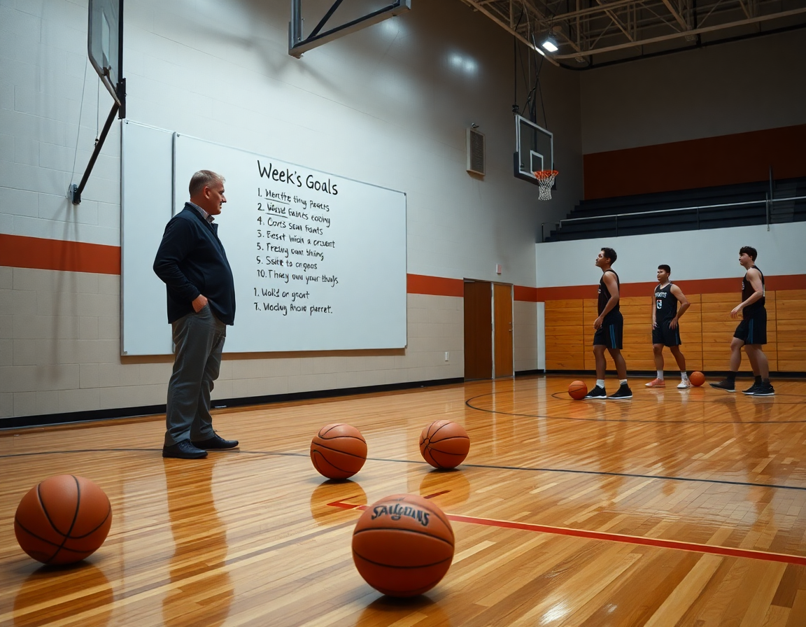 Planification hebdomadaire de l'exercice basketball: entraîneur et joueurs autour d'une table blanche sur le terrain basketball.