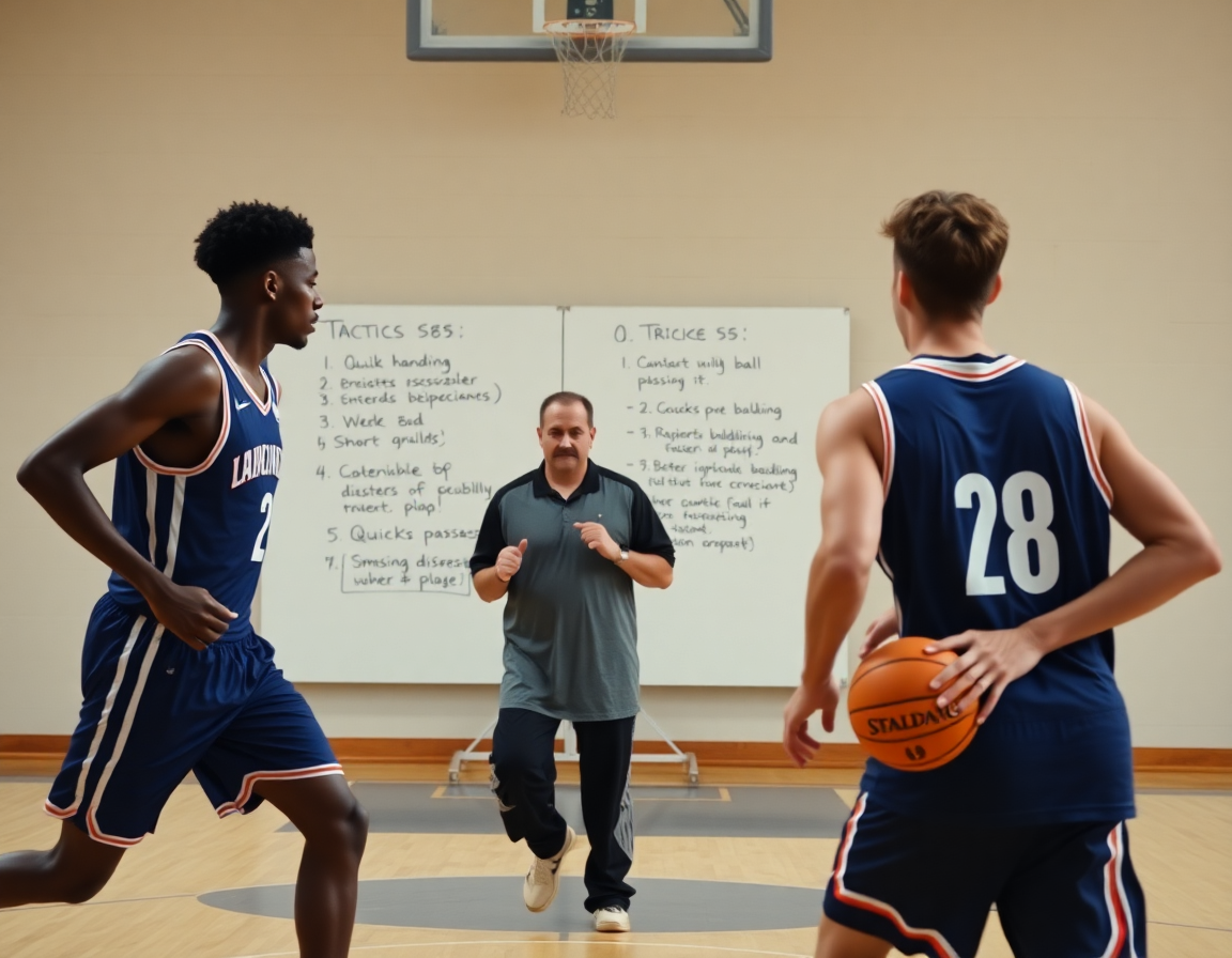 Deux joueurs exécutent un exercice près du tableau tactique sur le court de basketball, maniement et passes rapides.