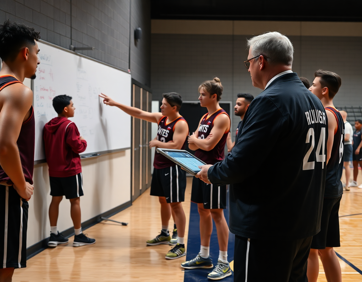 Les joueurs regardent des clips de basketball sur tablette pendant que le coach commente les jeux adverses.