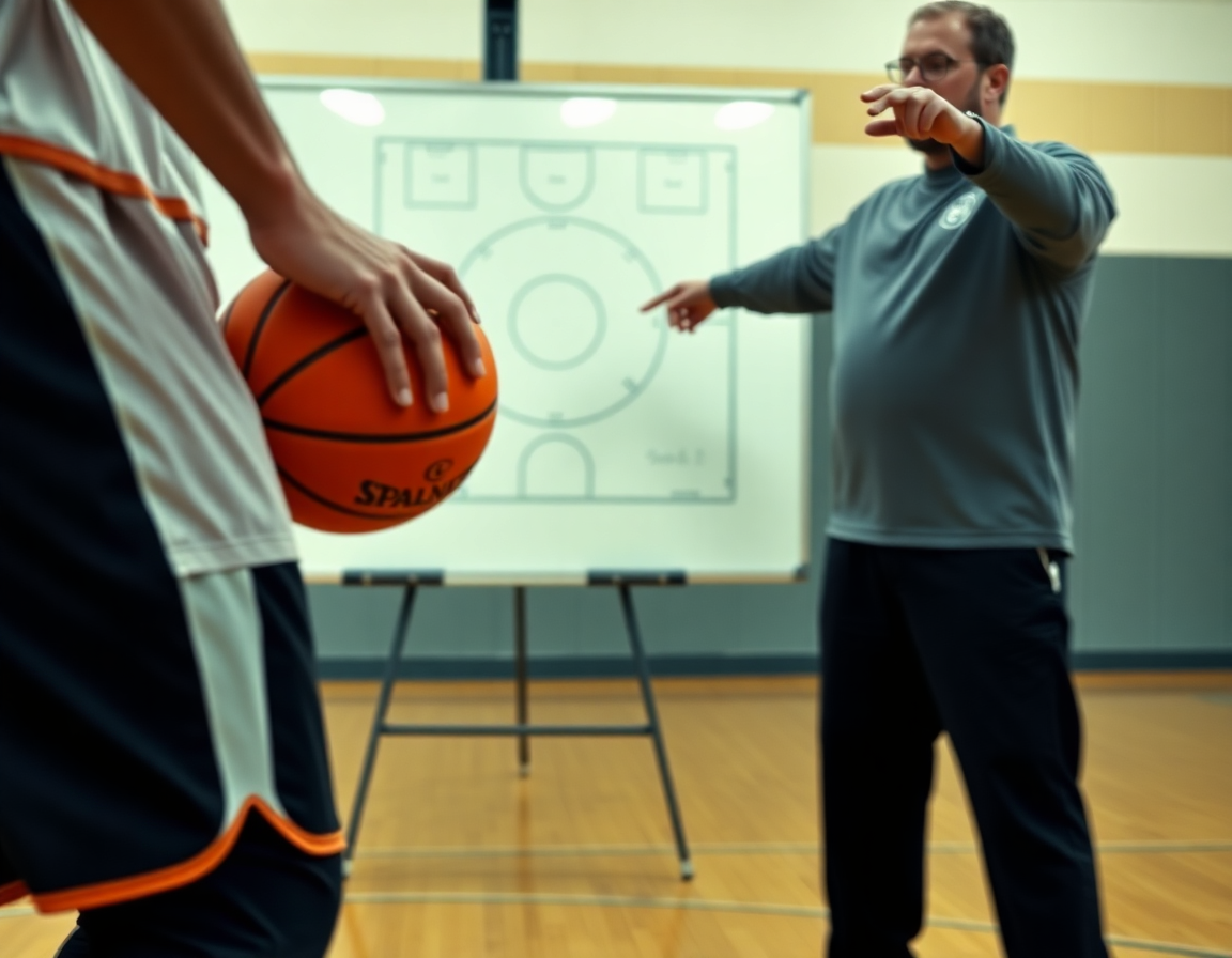 Exercice basketball u13 en gros plan: les mains dribblent et le coach pointe le tableau.