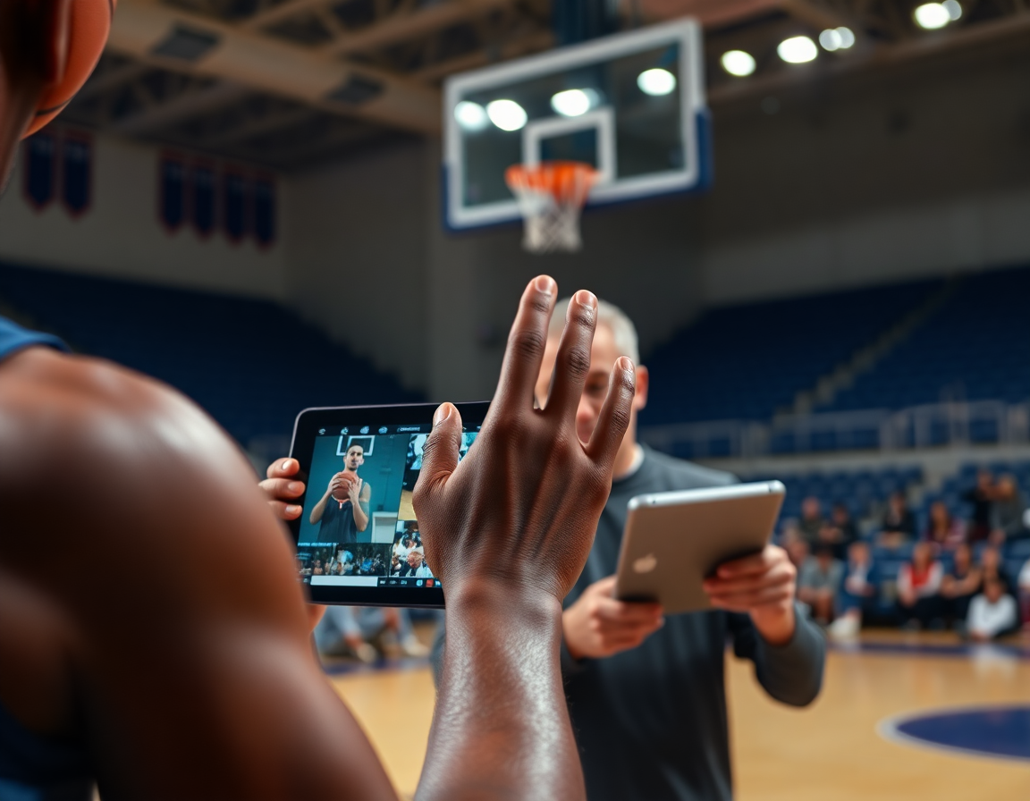 Exercice basketball u13: tir en progression, coach inspecte les clips sur tablette.