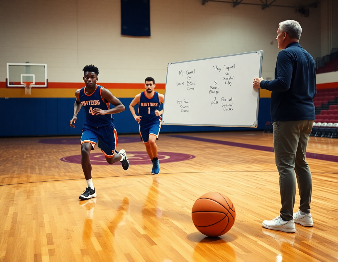 Plan serré montrant l'exercice contre attaque basket u11 avec coach et passes près du ballon.
