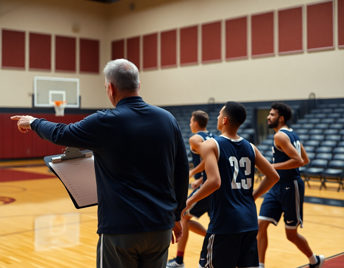 Plan moyen montrant le coach avec un tableau blanc illustrant une contre-attaque basket u11 pendant le drill.