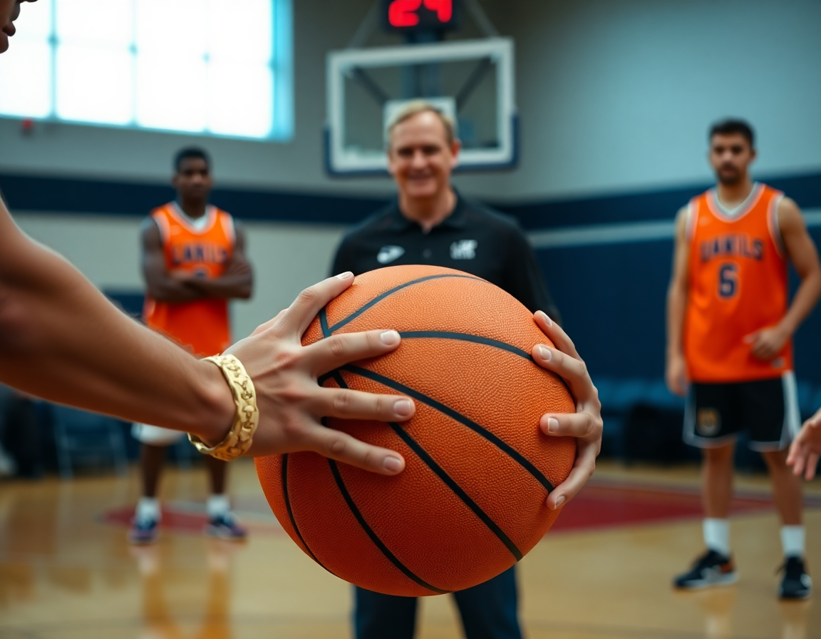 Plan serré sur les mains tenant une basket orange pendant l'exercice contre attaque basket u11.