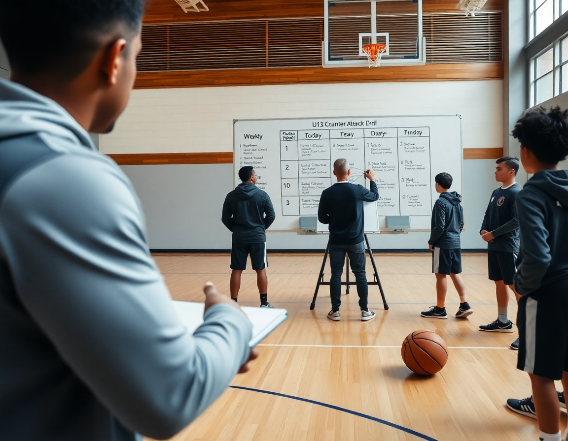 Planification hebdomadaire de l'exercice contre attaque basket u13 sur tableau blanc, coach et joueurs observant.