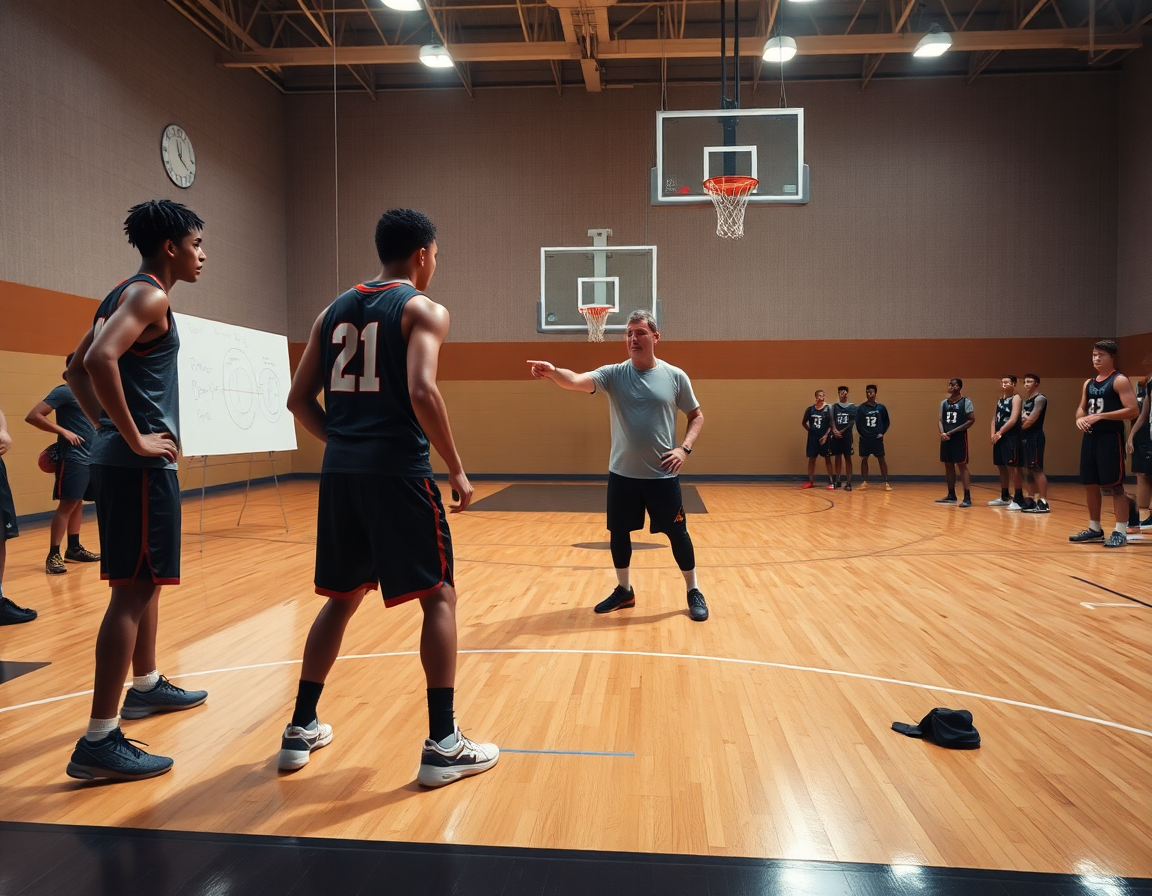 Plan rapproché sur les mains tenant le basketball pendant un exercice défense basket, avec un tableau blanc.