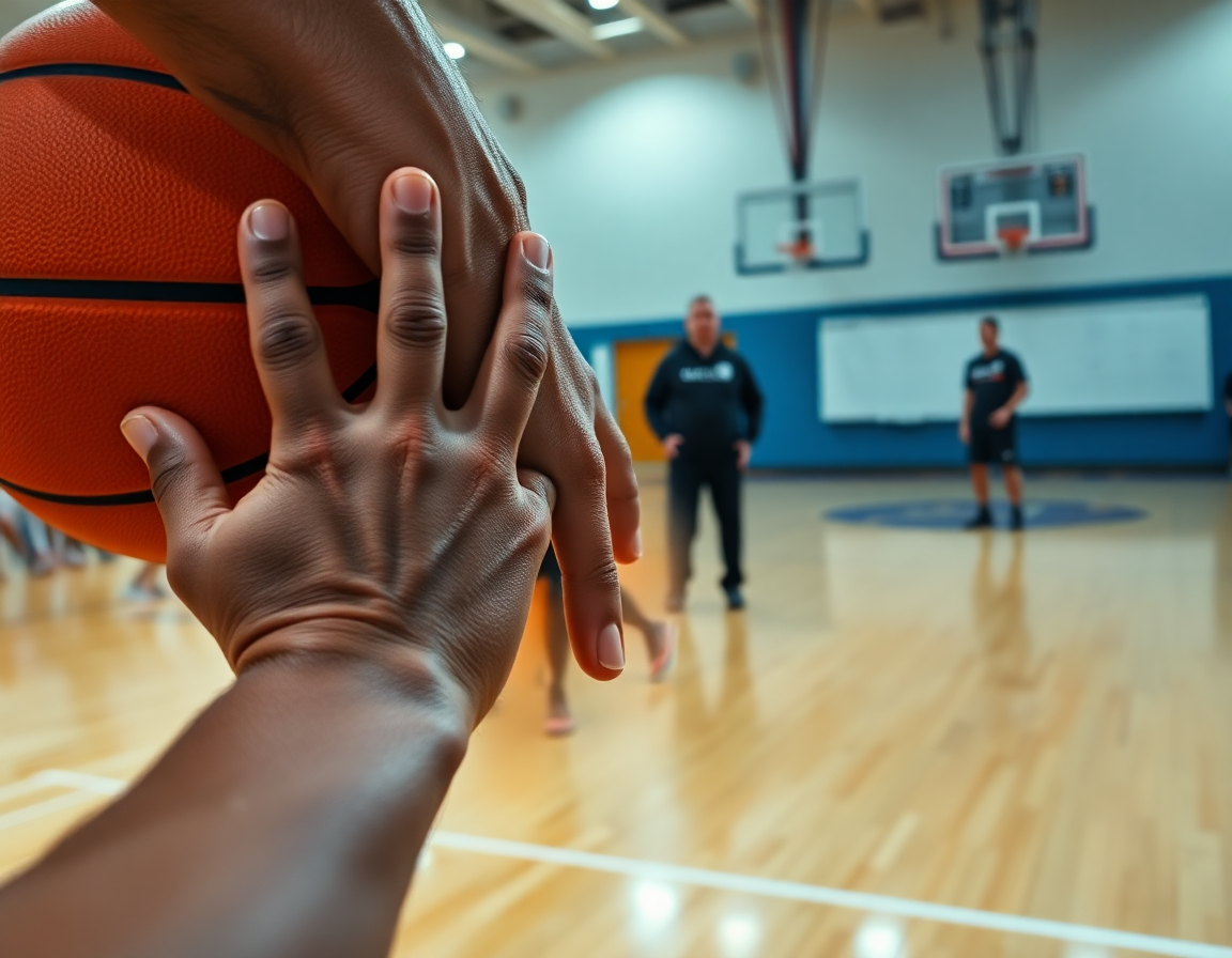 Plan rapproché sur les mains tenant le basketball pendant un exercice défense basket, doigts écartés.