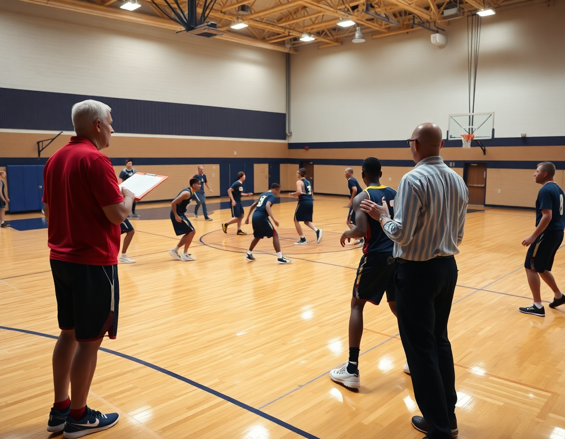 Vue en plan large d'un exercice défense basket sur le court de basketball, entraîneur guidant les joueurs.