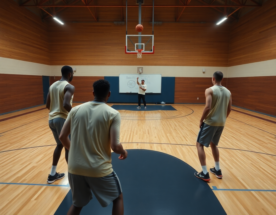 exercice défense basket u11 sur un terrain, jeunes joueurs et coach planifiant les rotations