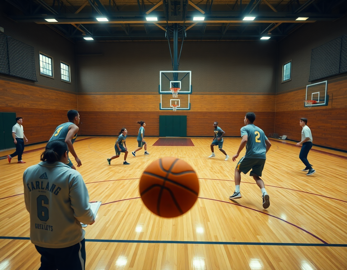 Exercice défense basket u13: progression collective sur le terrain avec ballon orange et coach.