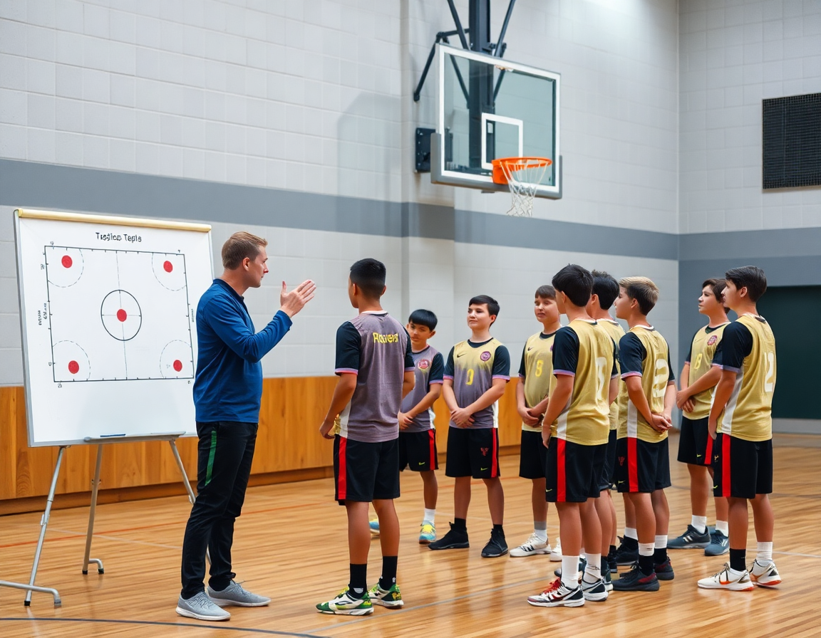 Plan rapproché sur l'entraîneur montrant exercice défense basket u15 sur le tableau tactique devant l'équipe.