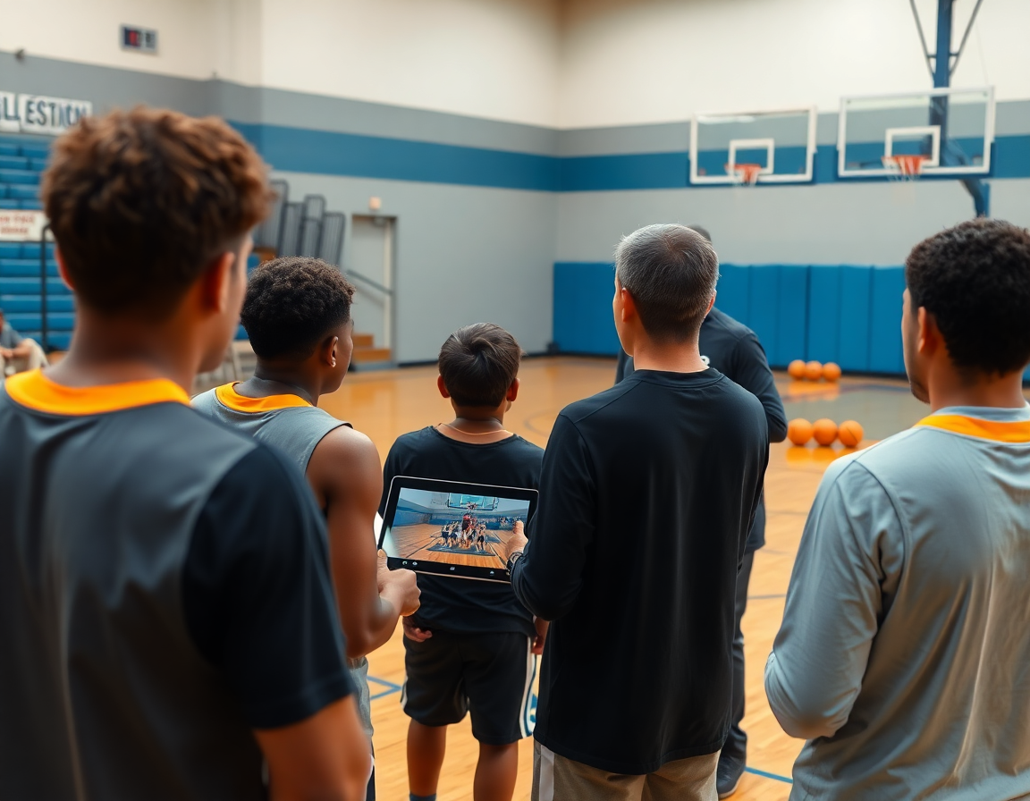 L'équipe regarde un clip sur tablette montrant exercice défense basket u15 sur fond de court bois et panier.