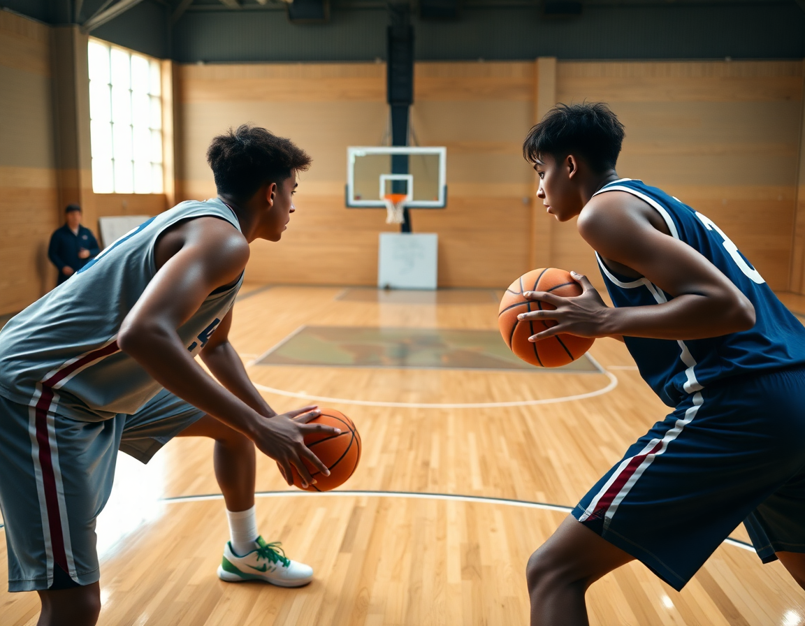 Duel défensif U17 en action: exercice defense basket u17 sur le terrain.
