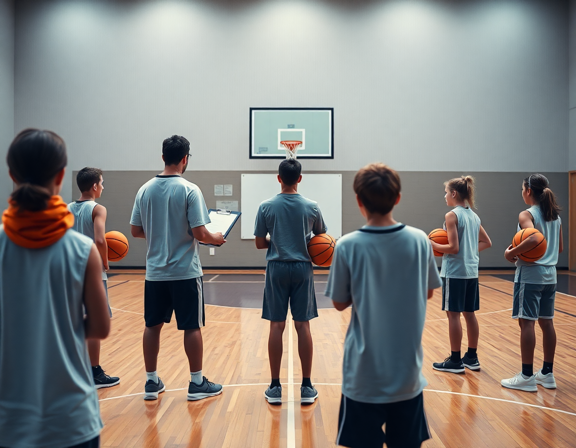 exercice défense basket u9 vu de dos pendant l'entraînement en gymnase intense.