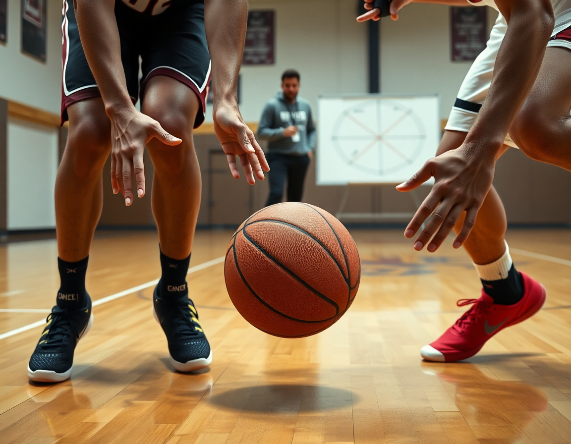 Gros plan sur les mains sur le ballon, exercice basket défense individuelle, démonstration de défense latérale.