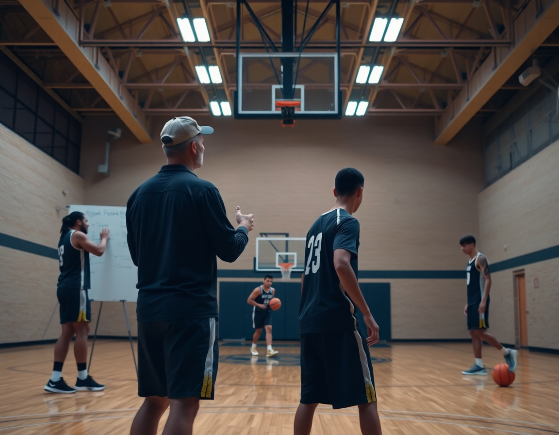 Premier plan montrant un exercice defense zone basket en mouvement au sein d'un gymnase de basketball.