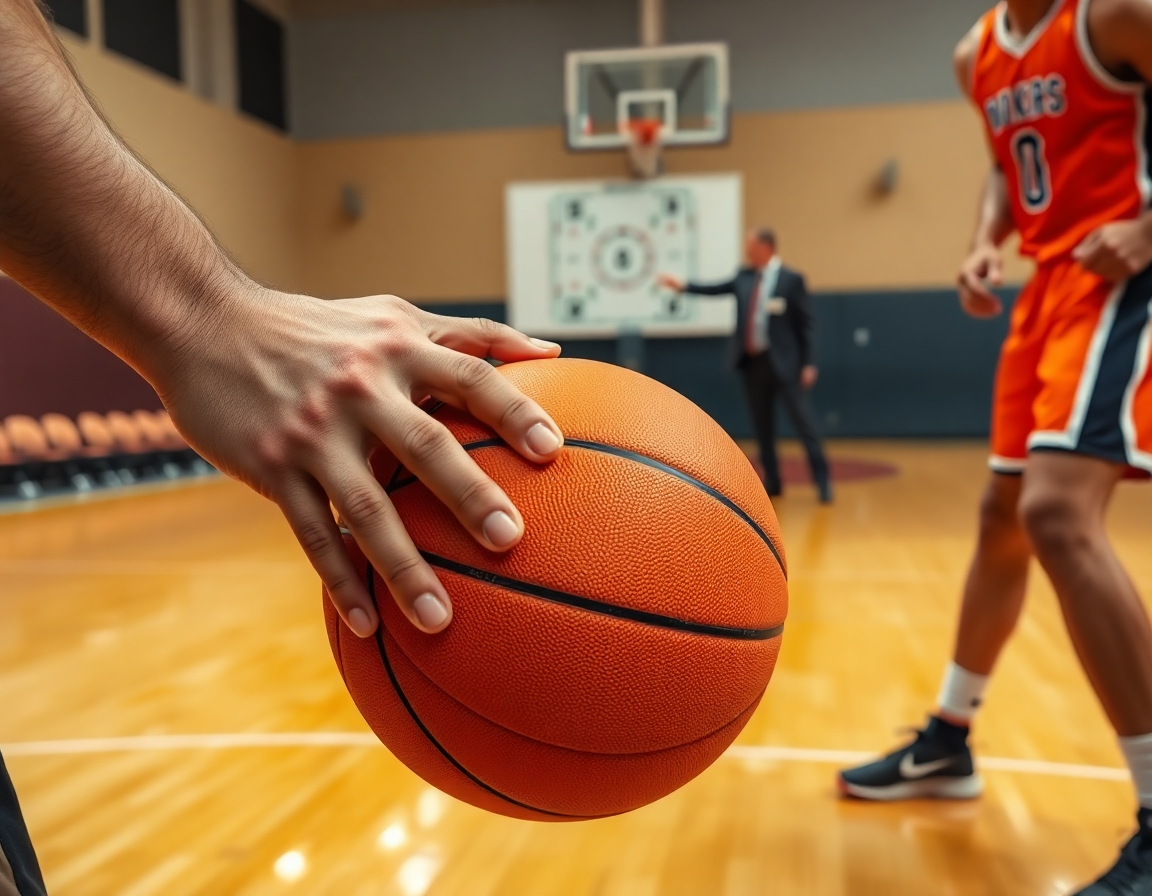 Plan serré sur les mains tenant un basket orange dans l'exercice defense zone basket.