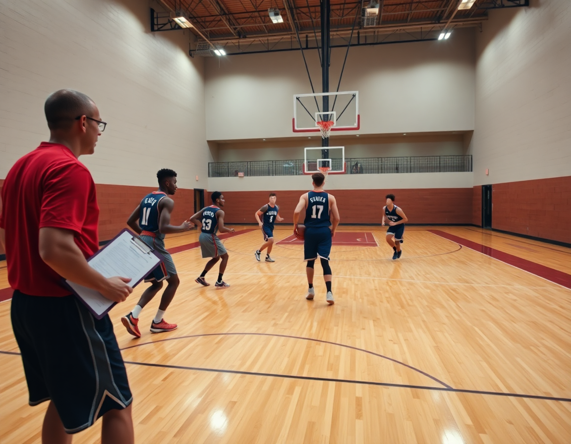 Plan large montrant l'exercice defense zone basket sur le terrain, avec l'équipe et le coach.