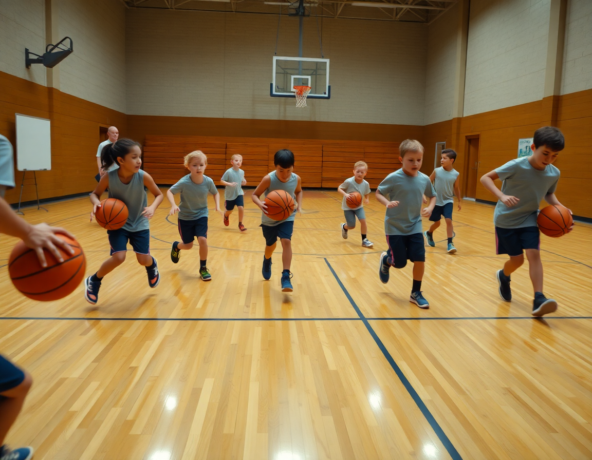 Plan rapproché: exercice dribble basket débutant enfant en mouvement et dans les angles.