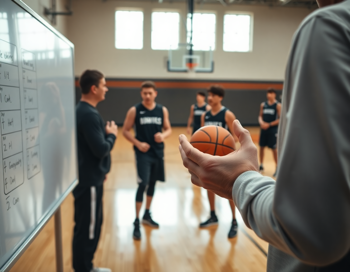 exercice échauffement basket senior: coach explique le plan hebdo pendant que les joueurs s'échauffent.