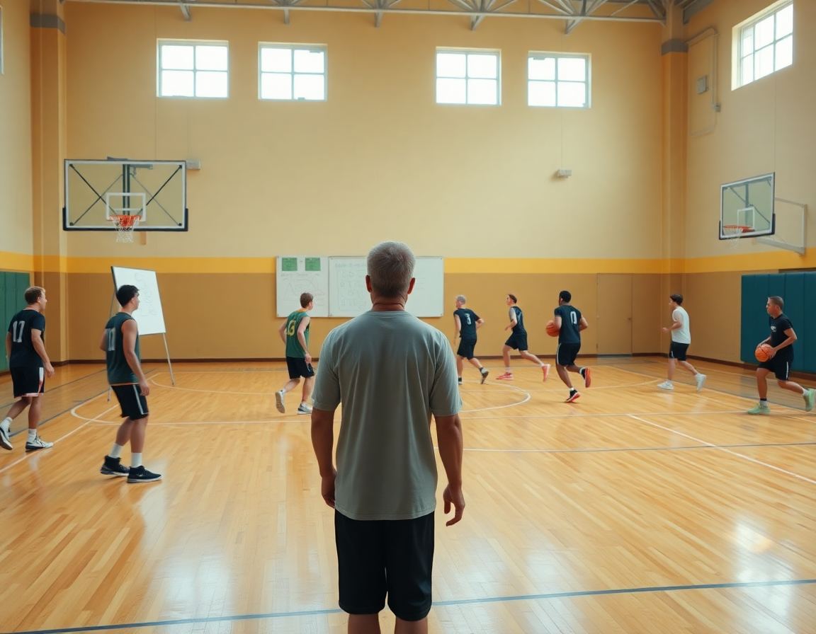Exercice echauffement basket u13 sur court intérieur, entraîneur dirigeant les étirements et passes.