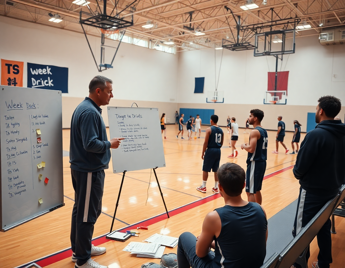 Entraîneurs et joueurs planifient une semaine autour d'un exercice entrainement basket ensemble.