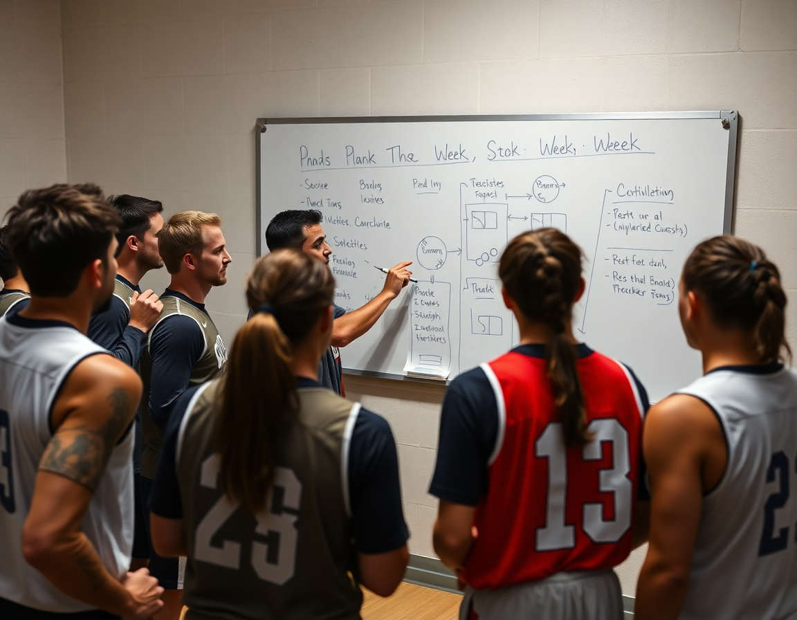 Équipe autour d'un tableau blanc, plans de séance et exercice entrainement basket.