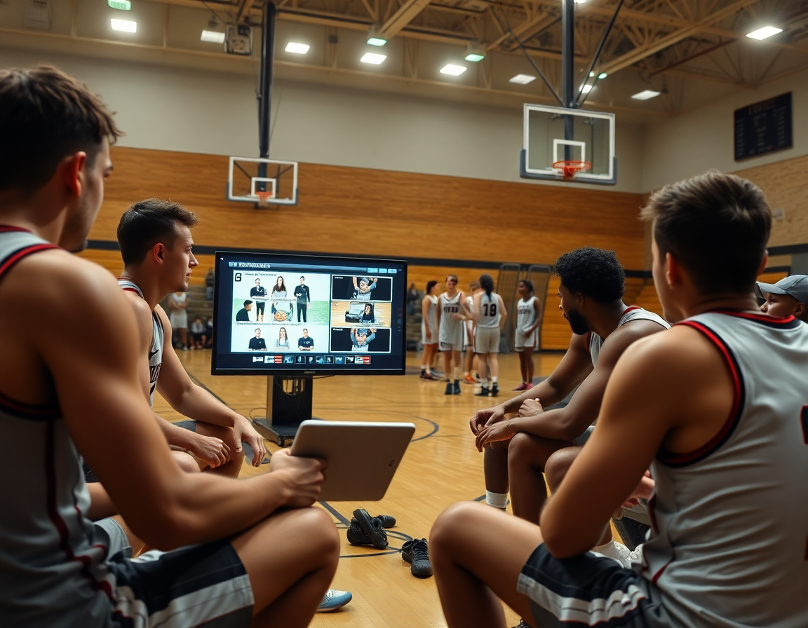 Les joueurs regardent des clips de scouting pour améliorer exercice entrainement basket adversaire.