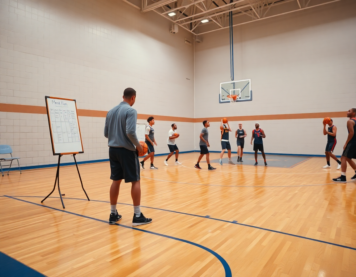 Exercice entrainement basket u13 sur planification hebdomadaire, tableau et coach dirige les joueurs.