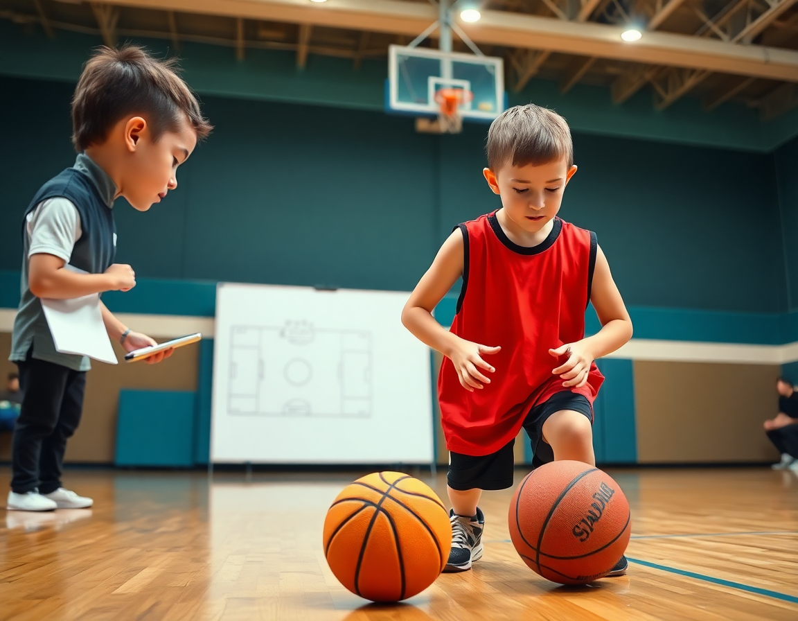 Premier plan: deux jeunes joueurs exercice entrainement basket u7, sous les yeux du coach.