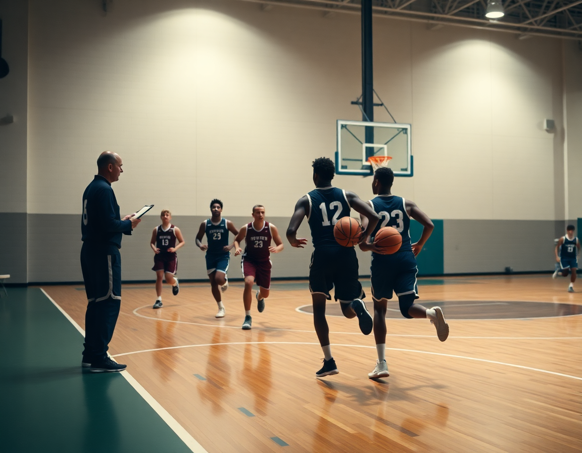 Plan collectif: groupe de joueurs exécute un jeu basketball sur le court complet pendant l'entraînement basket u7.