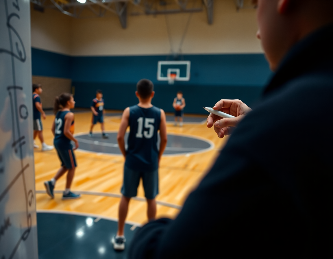 Gros plan sur les mains du coach dessinant un exercice entrainement basket u9 sur le tableau.