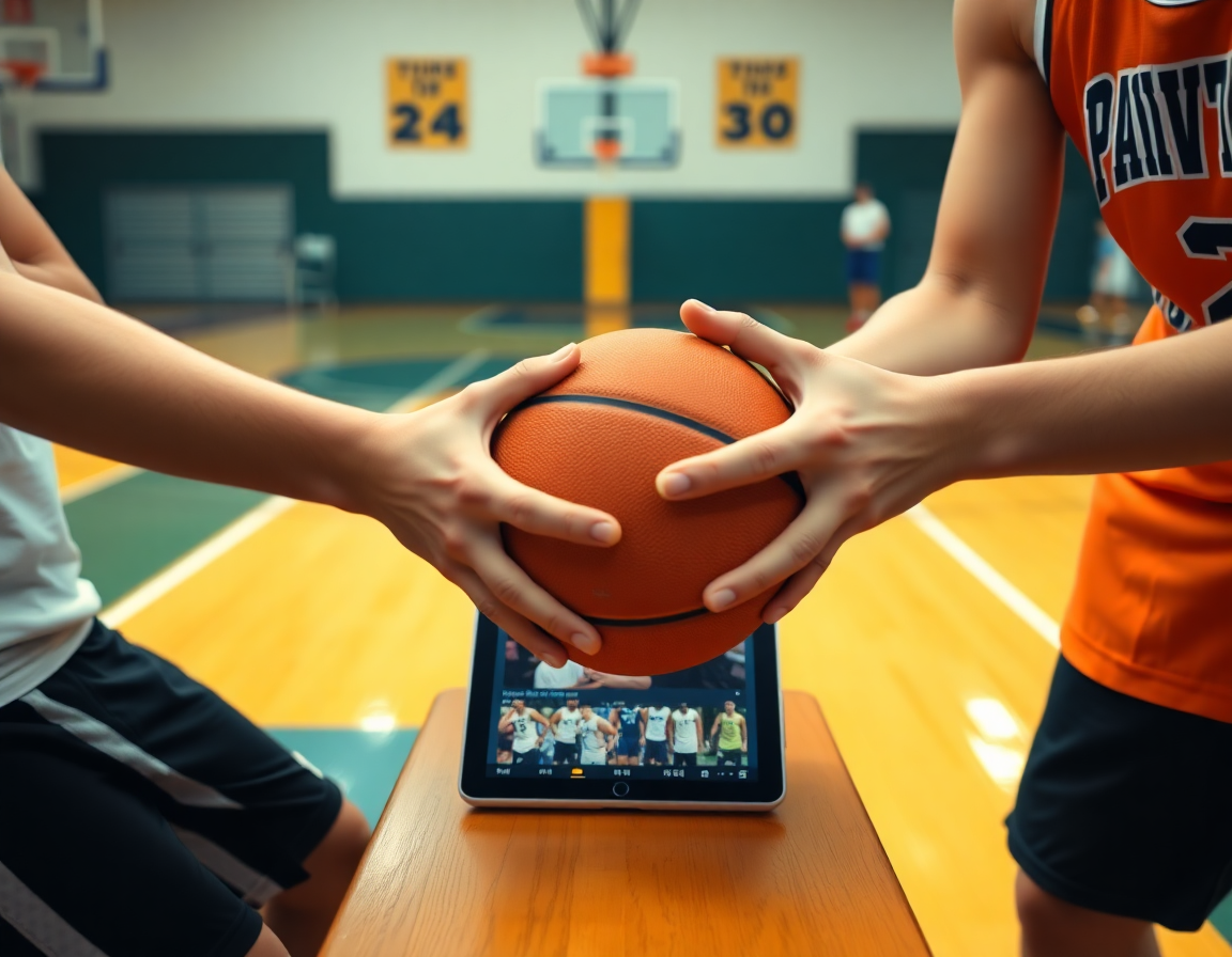 Gros plan sur les mains passant un ballon de basket que la playlist guide l'exercice entrainement basket u9.