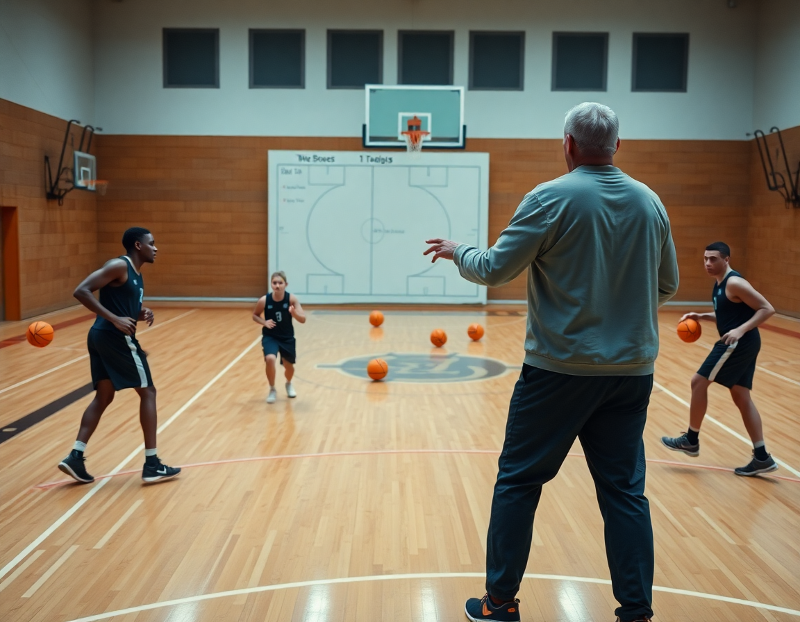 Coach avec tableau tactique guide l'exercice in basket pendant que les joueurs dribblent et progressent.