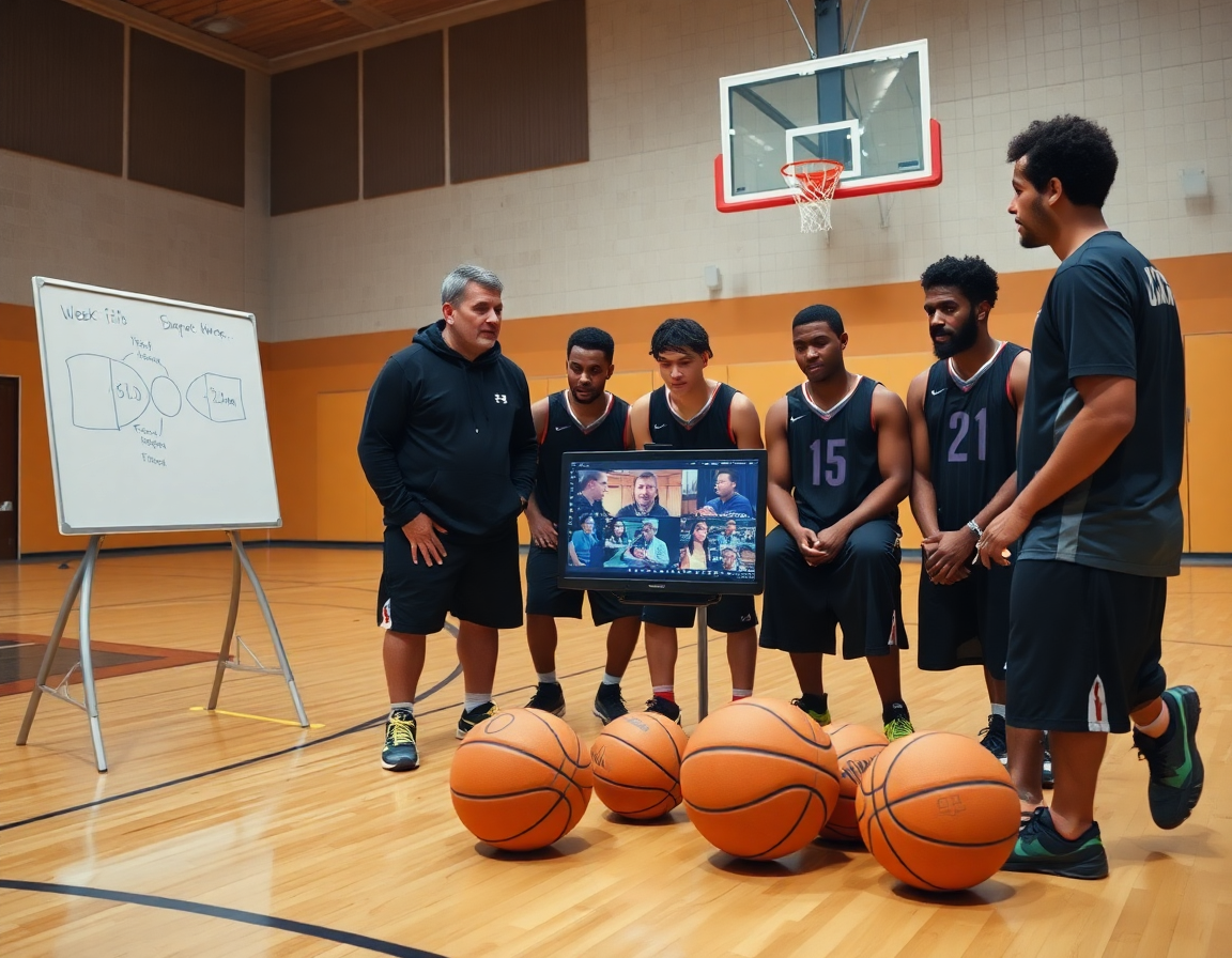 Groupe autour d'un ordinateur regarde des clips de l'exercice in basket et prépare le montage à partager.